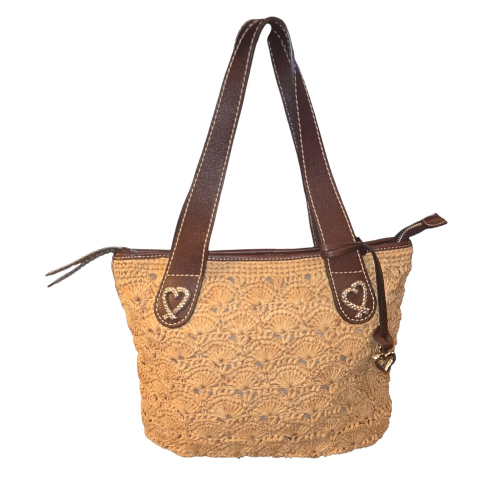 Brighton Joplin Raffia Straw Shoulder Bag Womens Large Tan Brown Heart Hardware